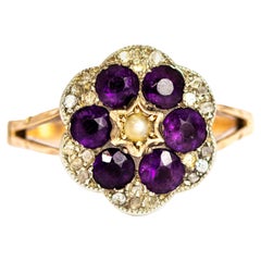 Antique Victorian 15 Carat Gold Amethyst, Diamond and Pearl Cluster Ring