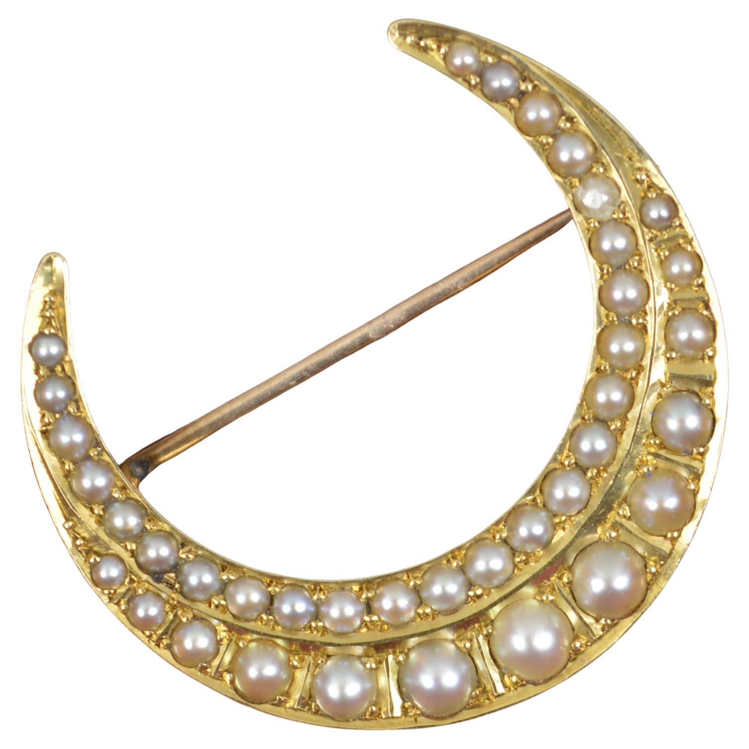 Victorian 15 Carat Gold and Double Pearl Crescent Brooch