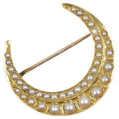 Victorian 15 Carat Gold and Double Pearl Crescent Brooch