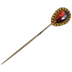Antique Victorian 15 Carat Gold and Foiled Back Garnet Cabochon Stick Tie Pin in Box