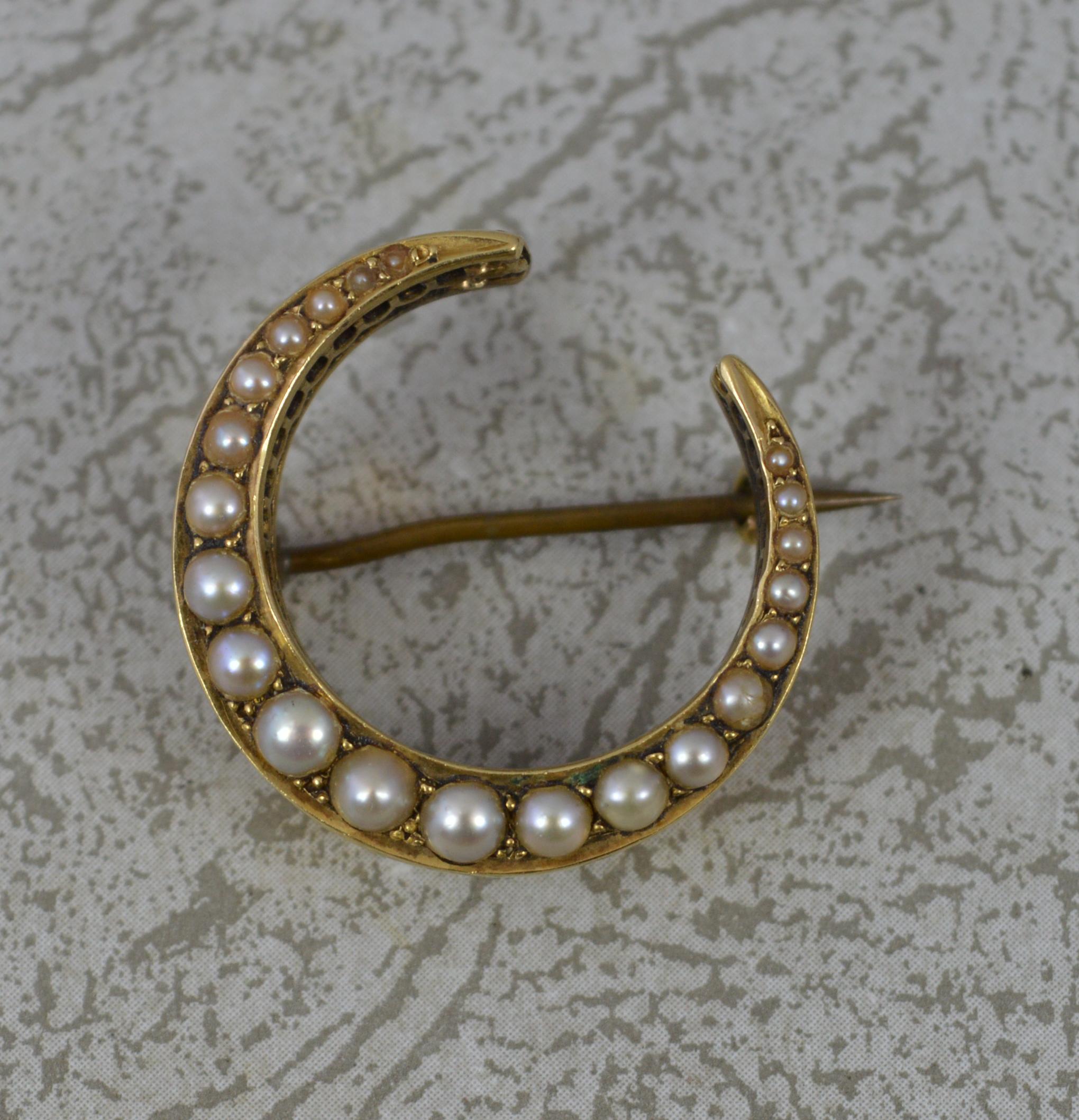 Round Cut Victorian 15 Carat Gold and Pearl Crescent Brooch