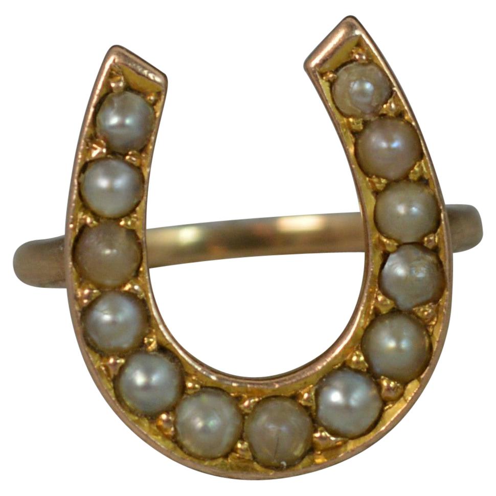 Victorian 15 Carat Gold and Seed Pearl Good Luck Horseshoe Ring