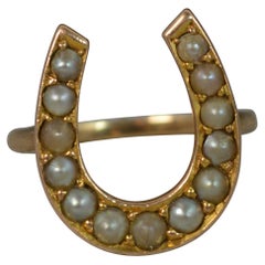 Vintage Victorian 15 Carat Gold and Seed Pearl Good Luck Horseshoe Ring