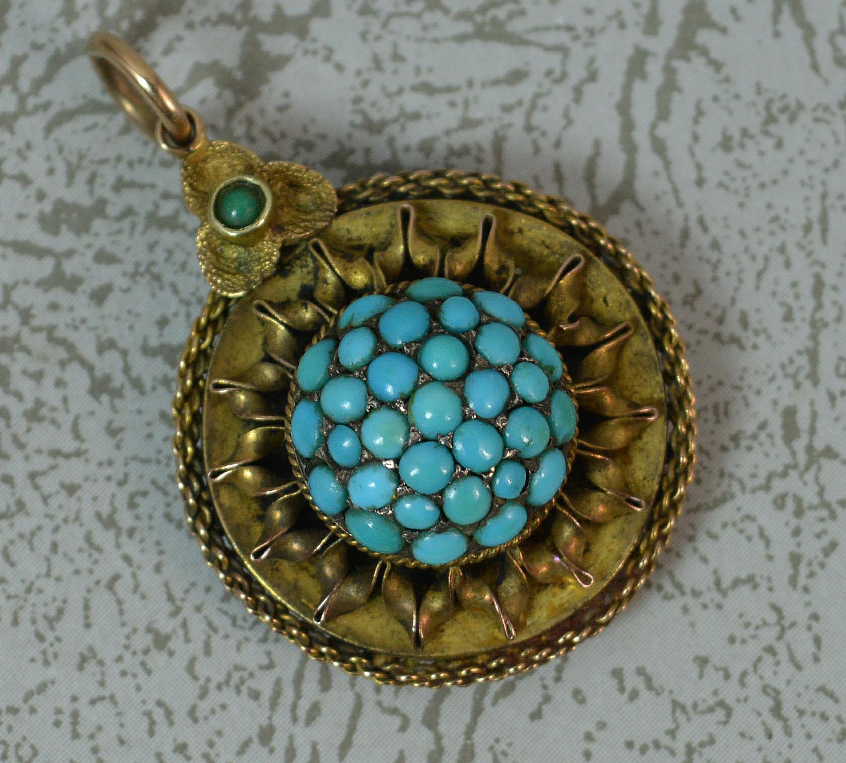 Victorian 15 Carat Gold and Turquoise Pave Target Cluster Pendant 1