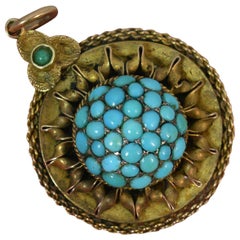 Victorian 15 Carat Gold and Turquoise Pave Target Cluster Pendant