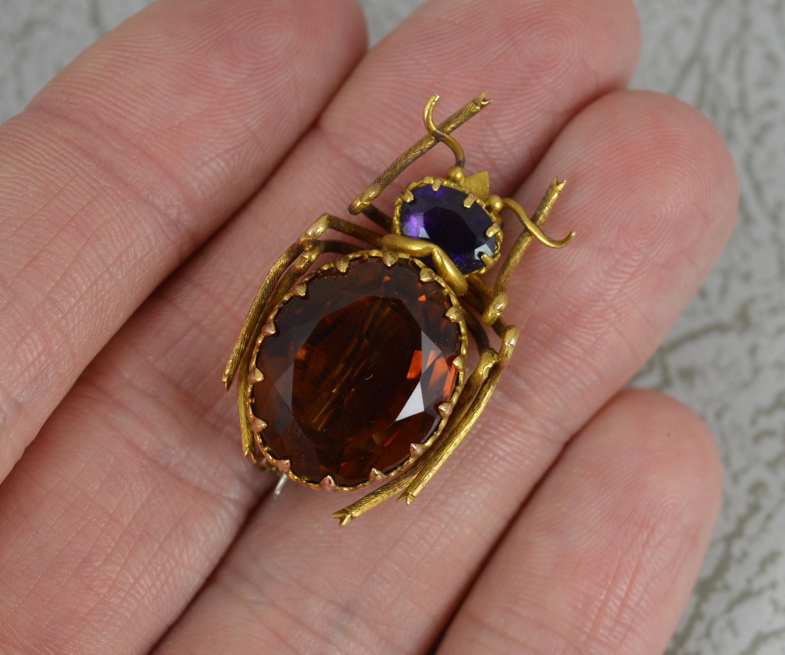 Victorian 15 Carat Gold Citrine and Amethyst Beetle Insect Brooch 3