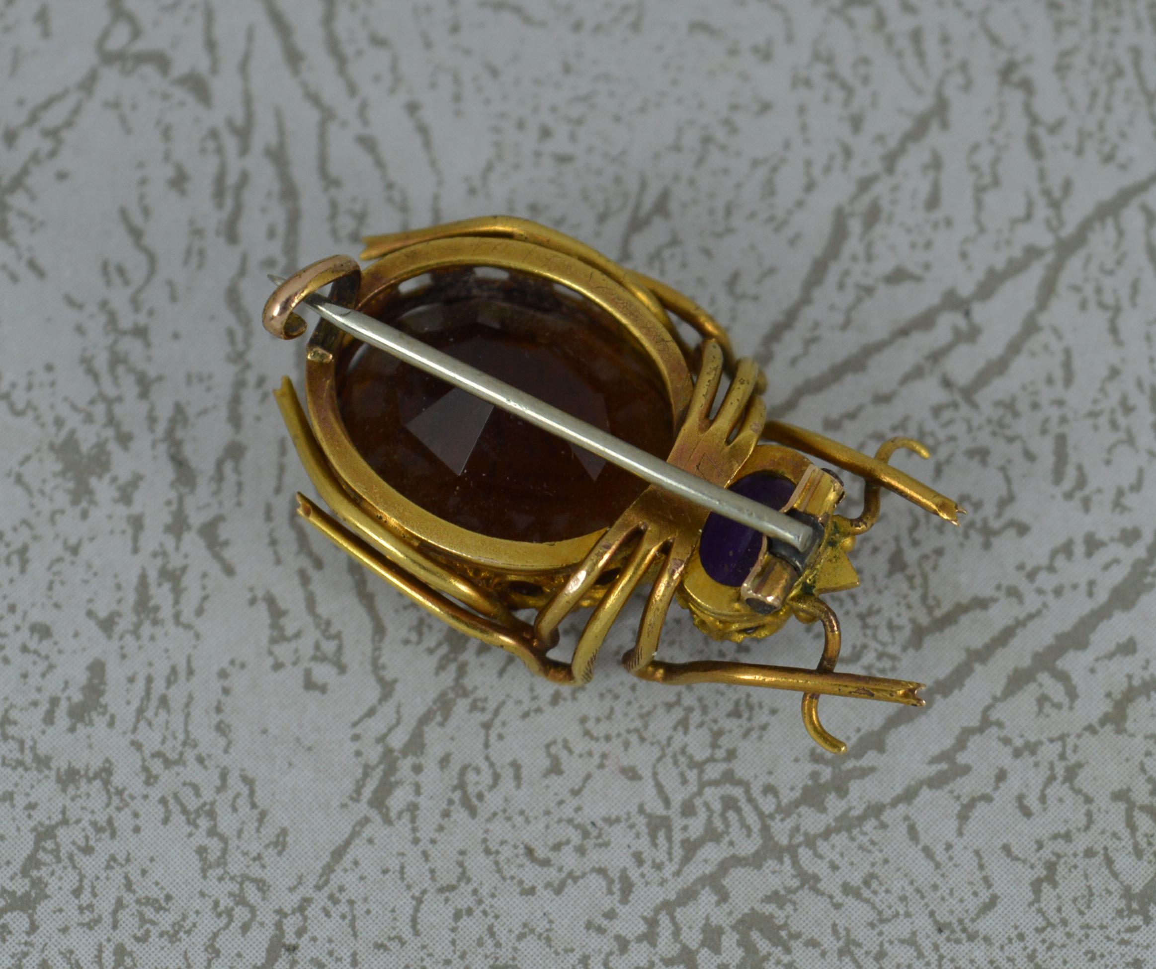Oval Cut Victorian 15 Carat Gold Citrine and Amethyst Beetle Insect Brooch