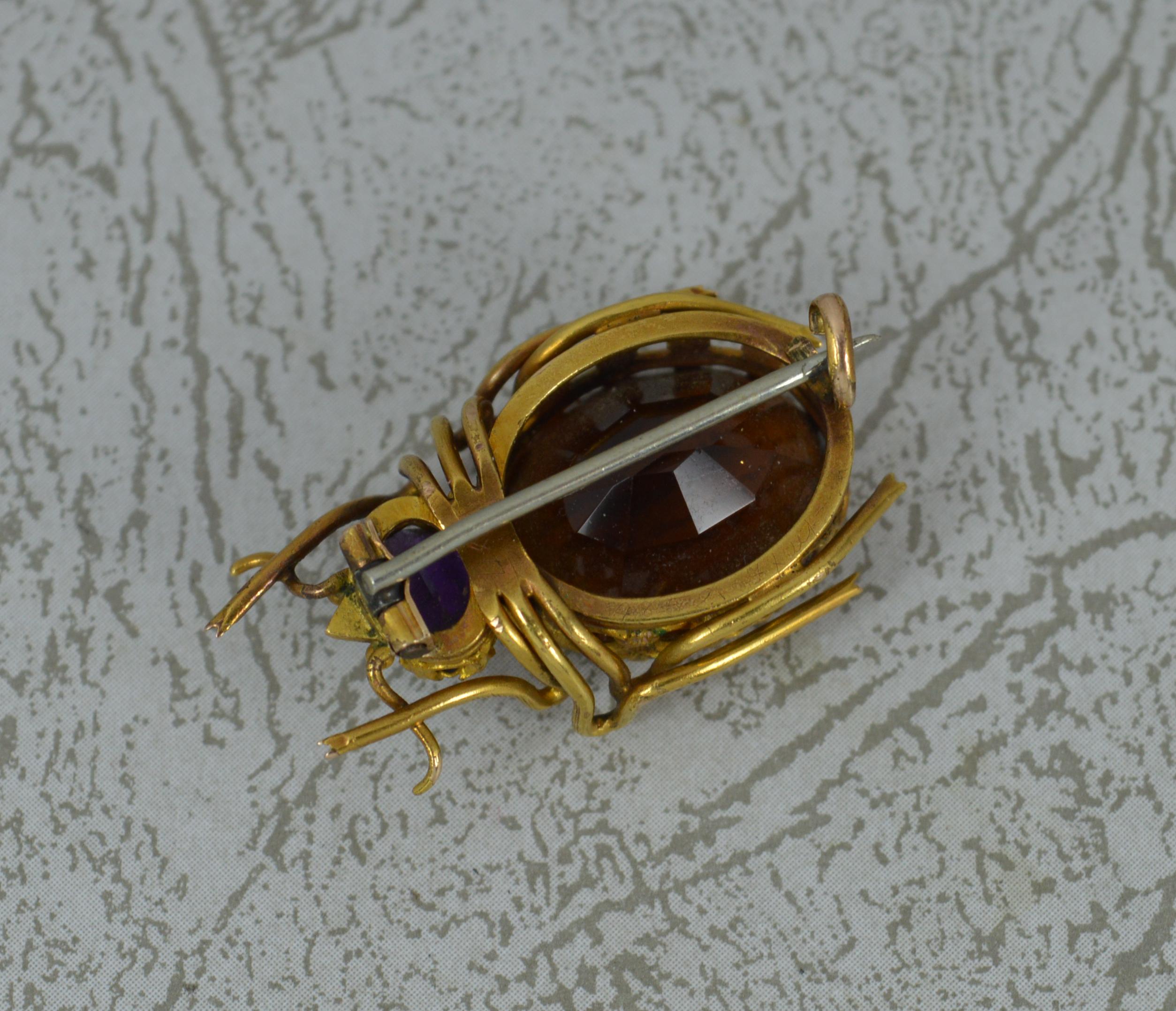 Victorian 15 Carat Gold Citrine and Amethyst Beetle Insect Brooch In Excellent Condition In St Helens, GB