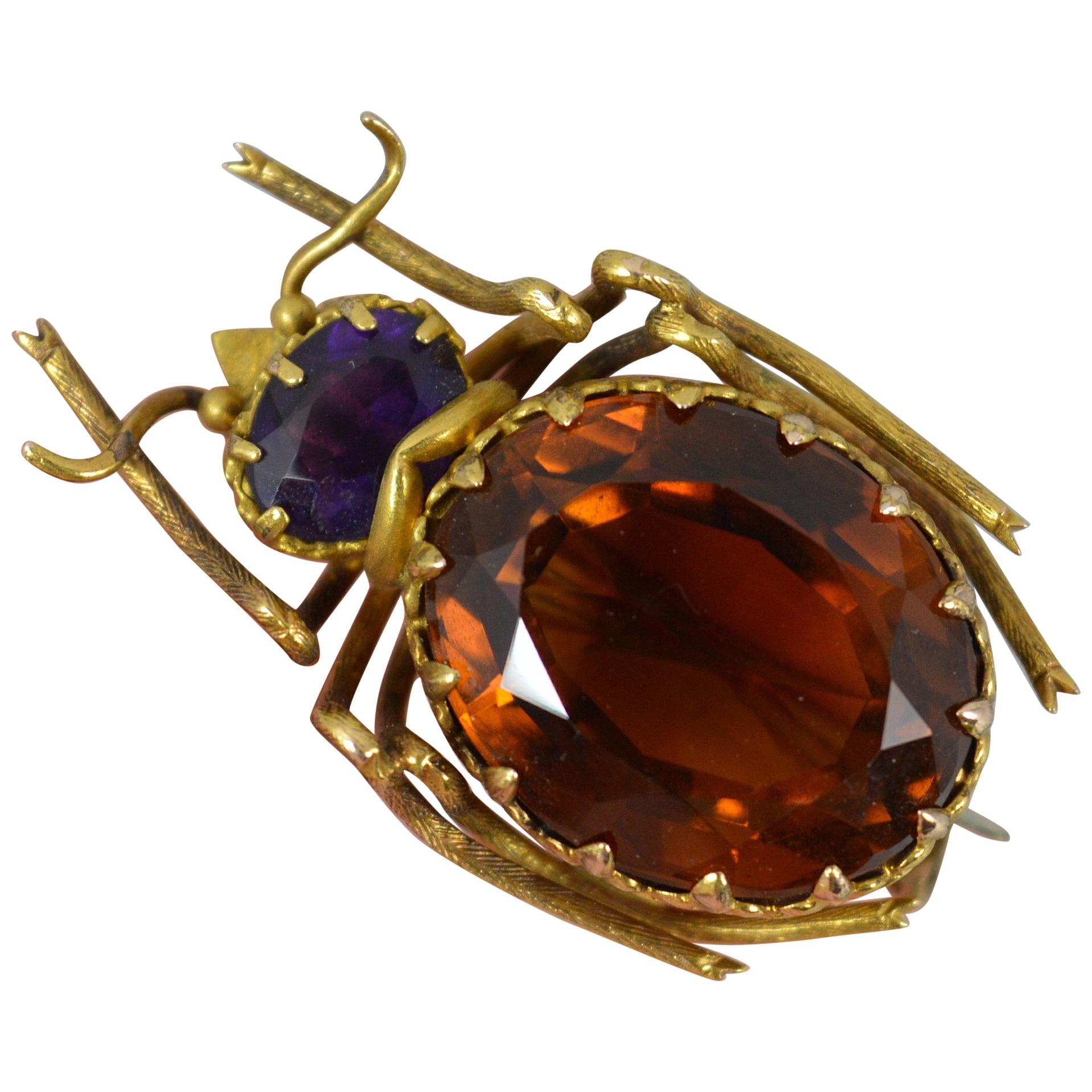 Victorian 15 Carat Gold Citrine and Amethyst Beetle Insect Brooch