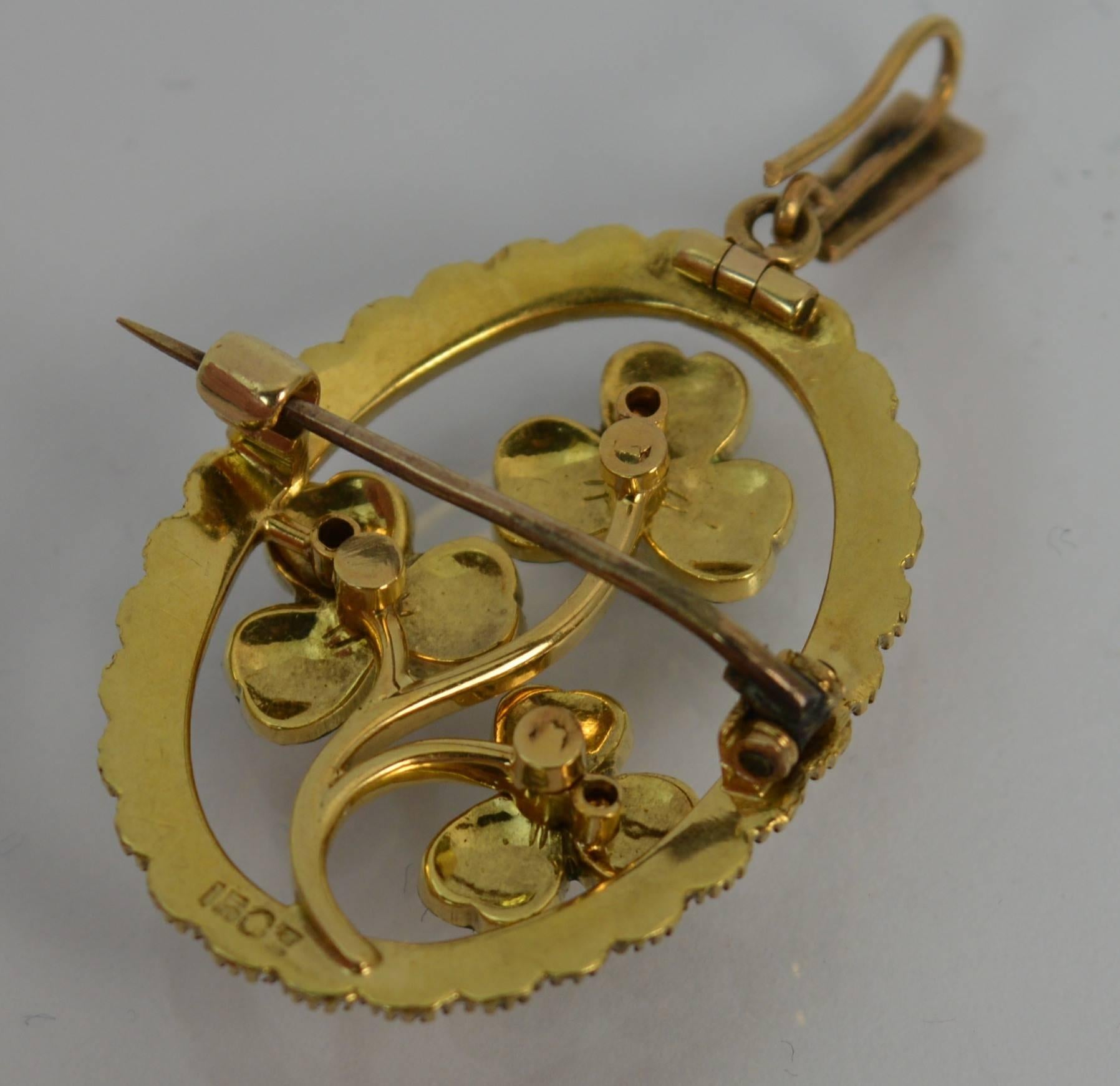 Victorian 15 Carat Gold Enamel and Pearl Three-Leaf Clover Pendant Brooch 4