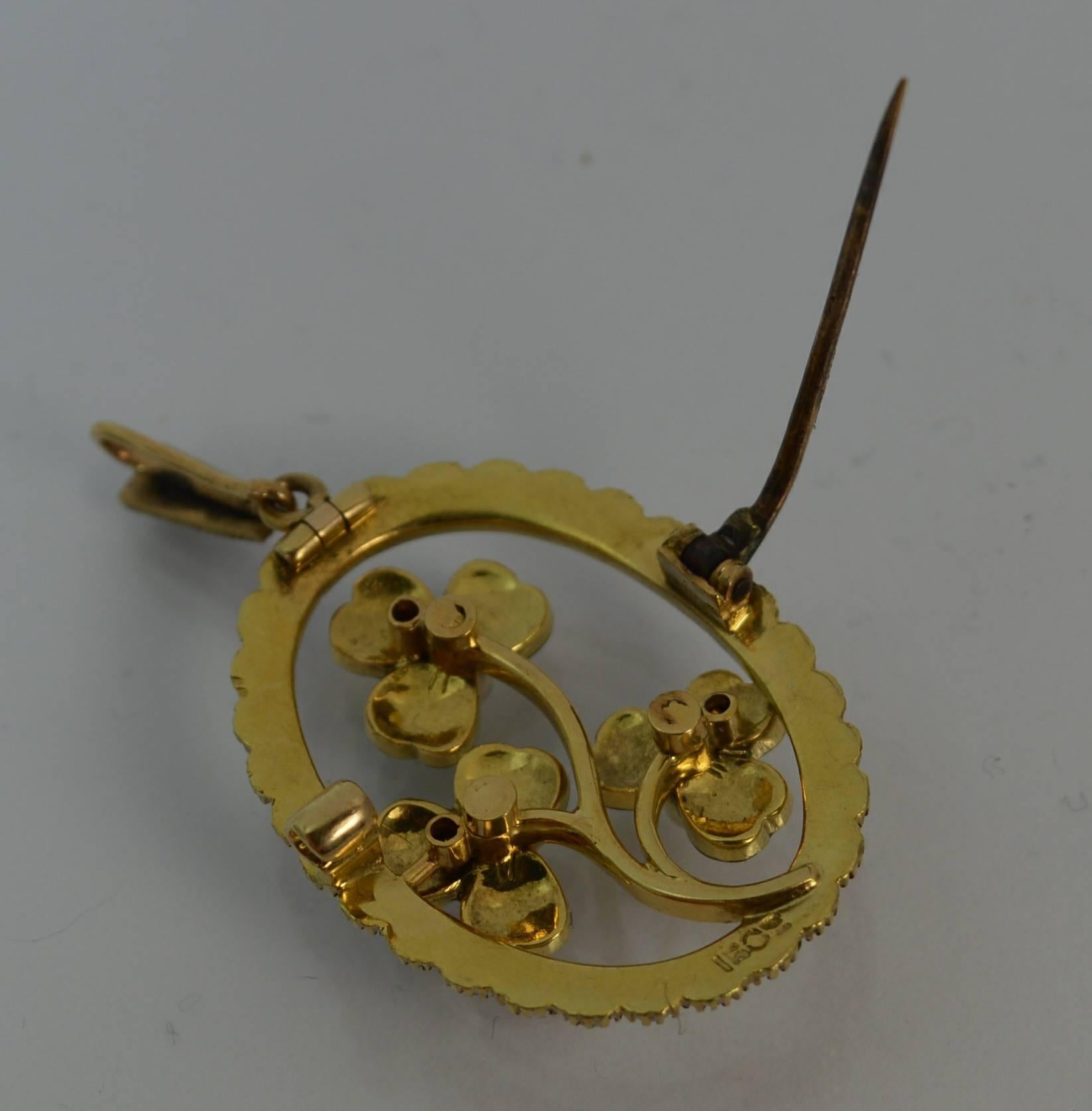 Victorian 15 Carat Gold Enamel and Pearl Three-Leaf Clover Pendant Brooch 5