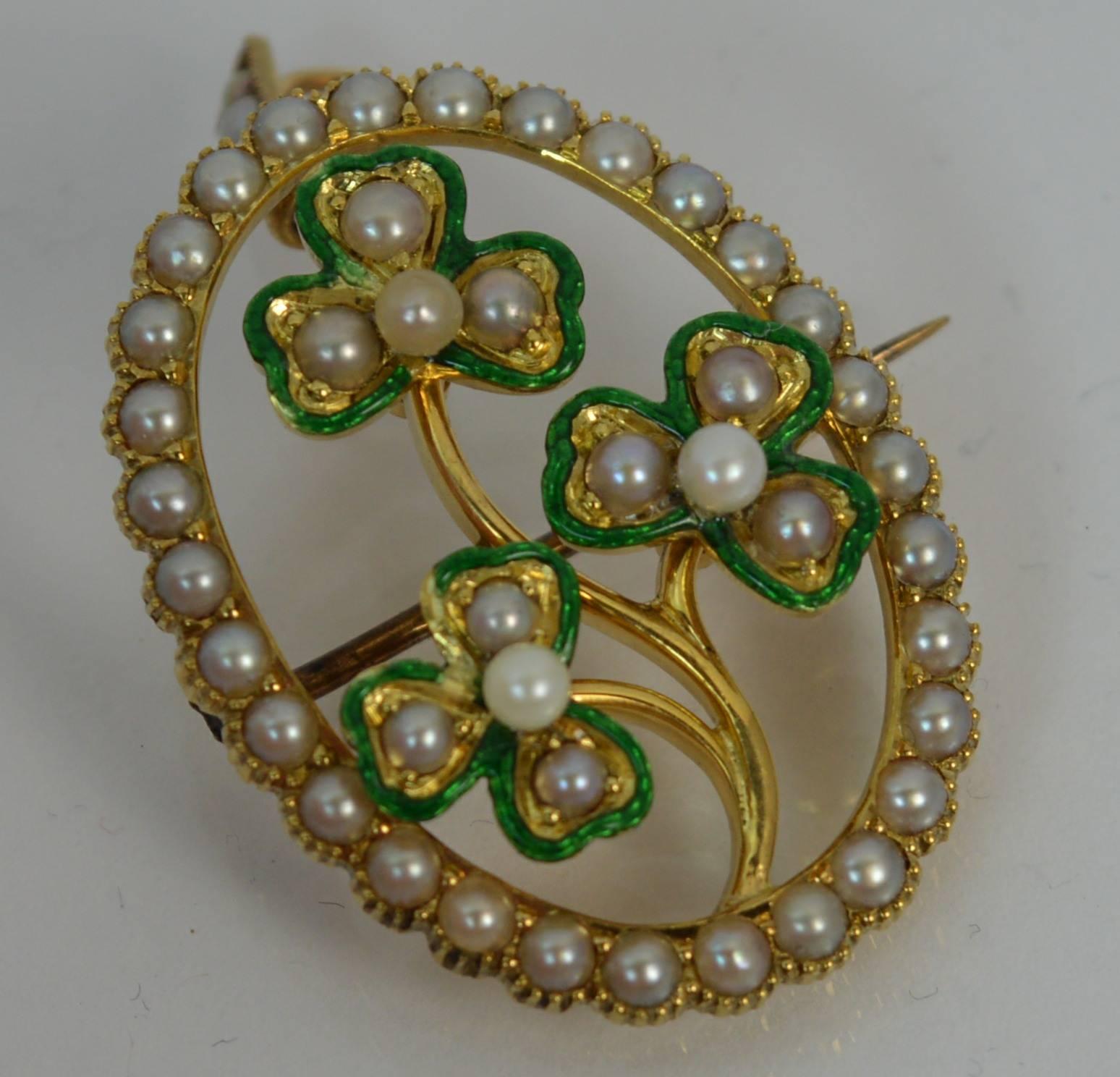 Women's Victorian 15 Carat Gold Enamel and Pearl Three-Leaf Clover Pendant Brooch