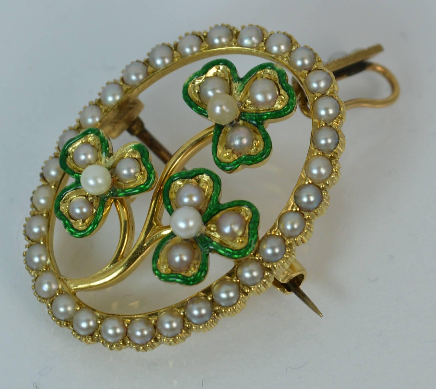 Victorian 15 Carat Gold Enamel and Pearl Three-Leaf Clover Pendant Brooch 1