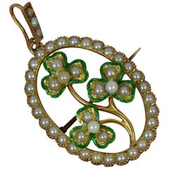 Victorian 15 Carat Gold Enamel and Pearl Three-Leaf Clover Pendant Brooch