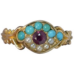 Victorian 15 Carat Gold Garnet Pearl and Turquoise All Seeing Eye Cluster Ring
