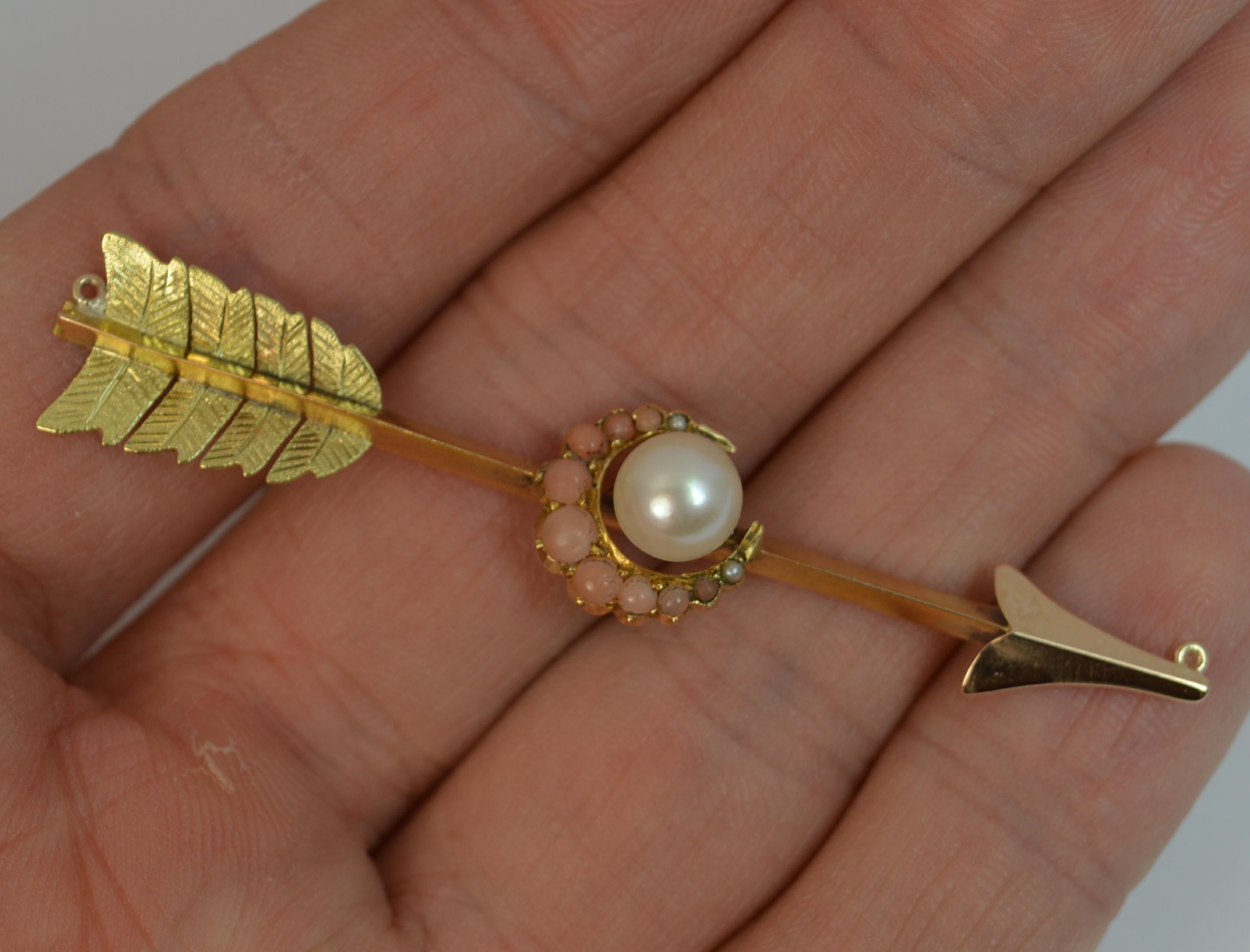 Victorian 15 Carat Gold Pearl and Coral Arrow Crescent Pendant In Good Condition In St Helens, GB