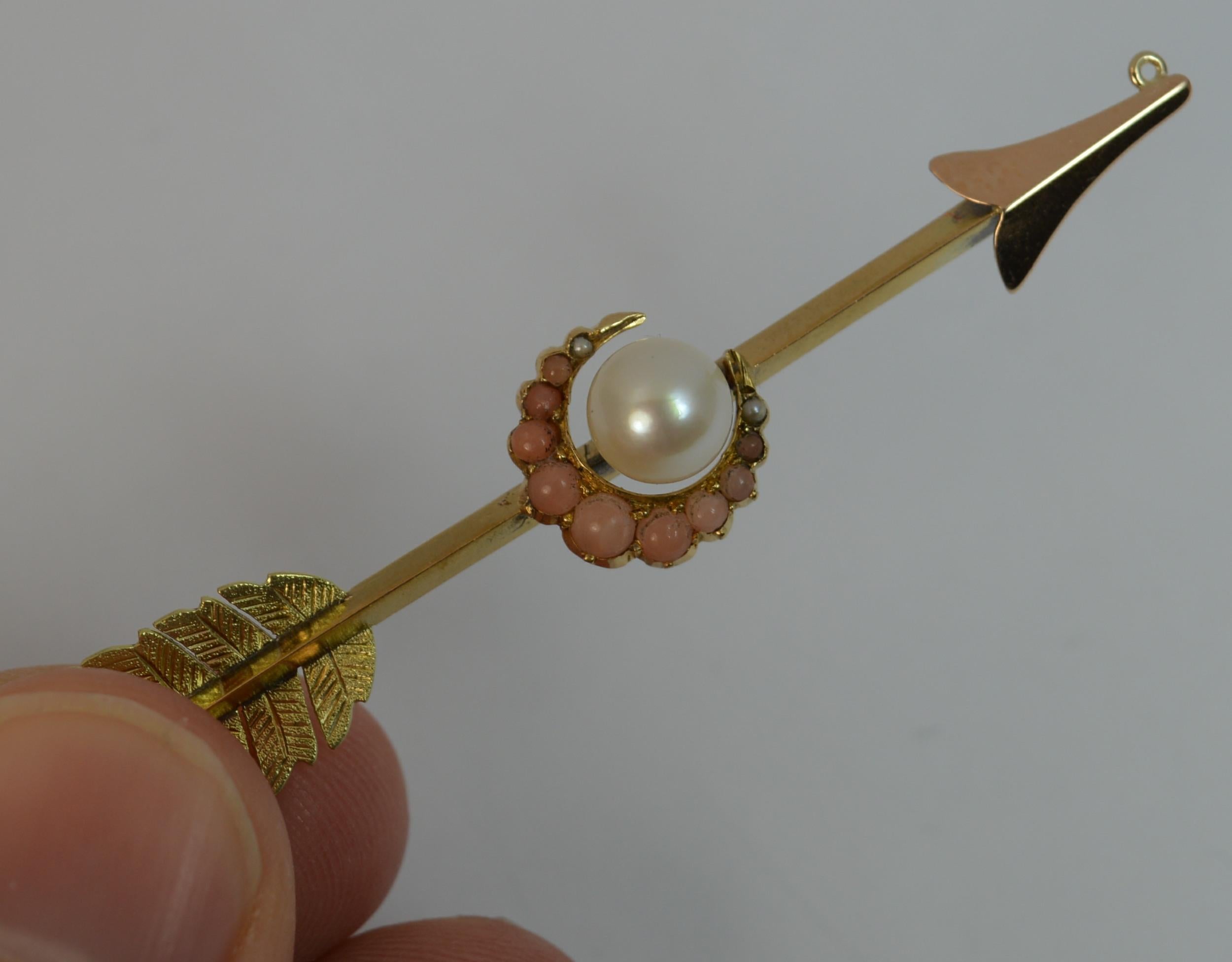 Victorian 15 Carat Gold Pearl and Coral Arrow Crescent Pendant 3