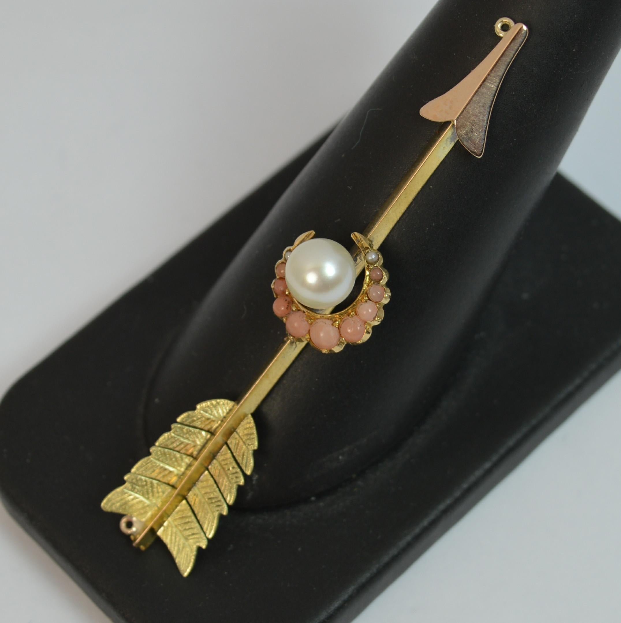 Victorian 15 Carat Gold Pearl and Coral Arrow Crescent Pendant 4