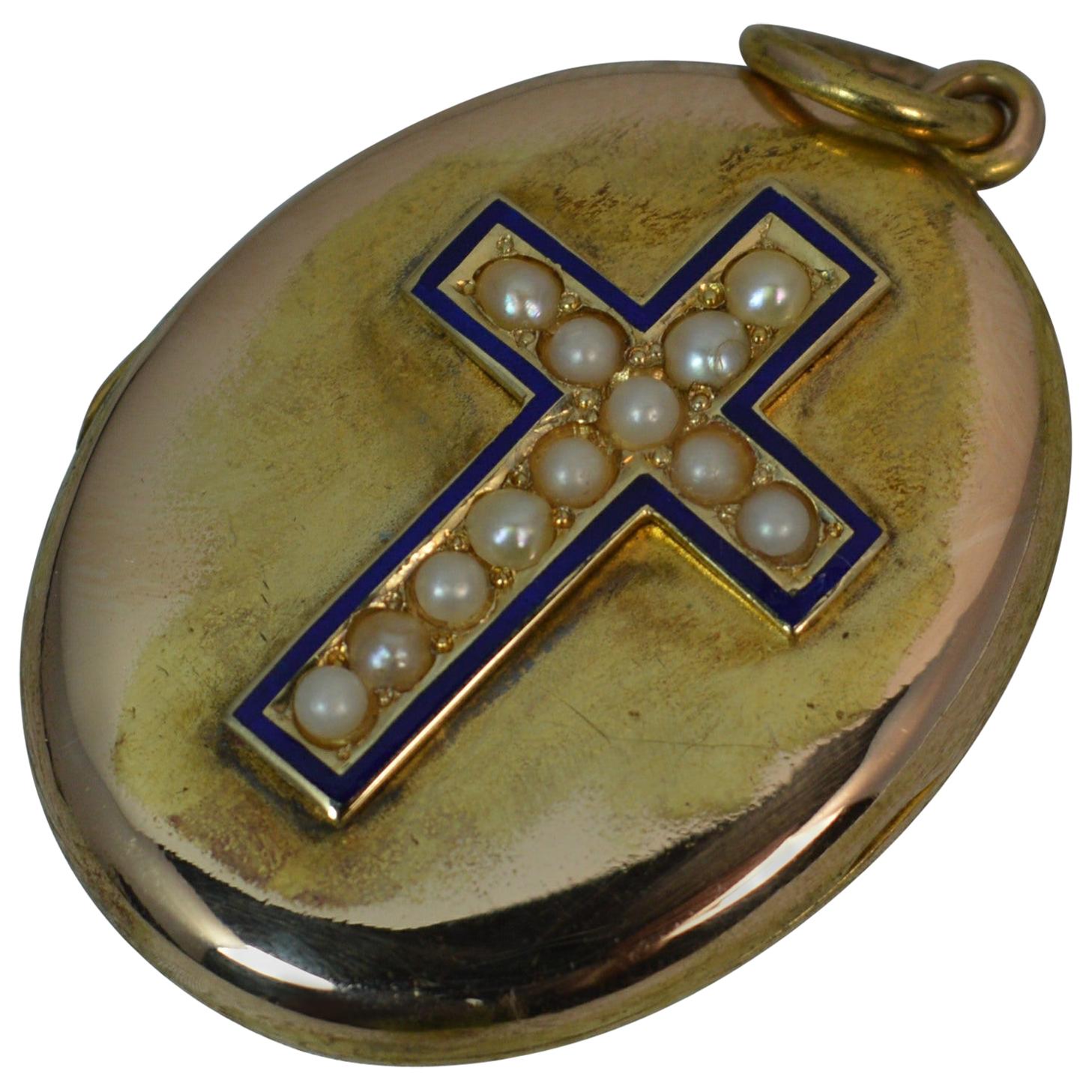 Victorian 15 Carat Gold Pearl and Enamel Cross Locket Pendant