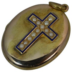 Victorian 15 Carat Gold Pearl and Enamel Cross Locket Pendant