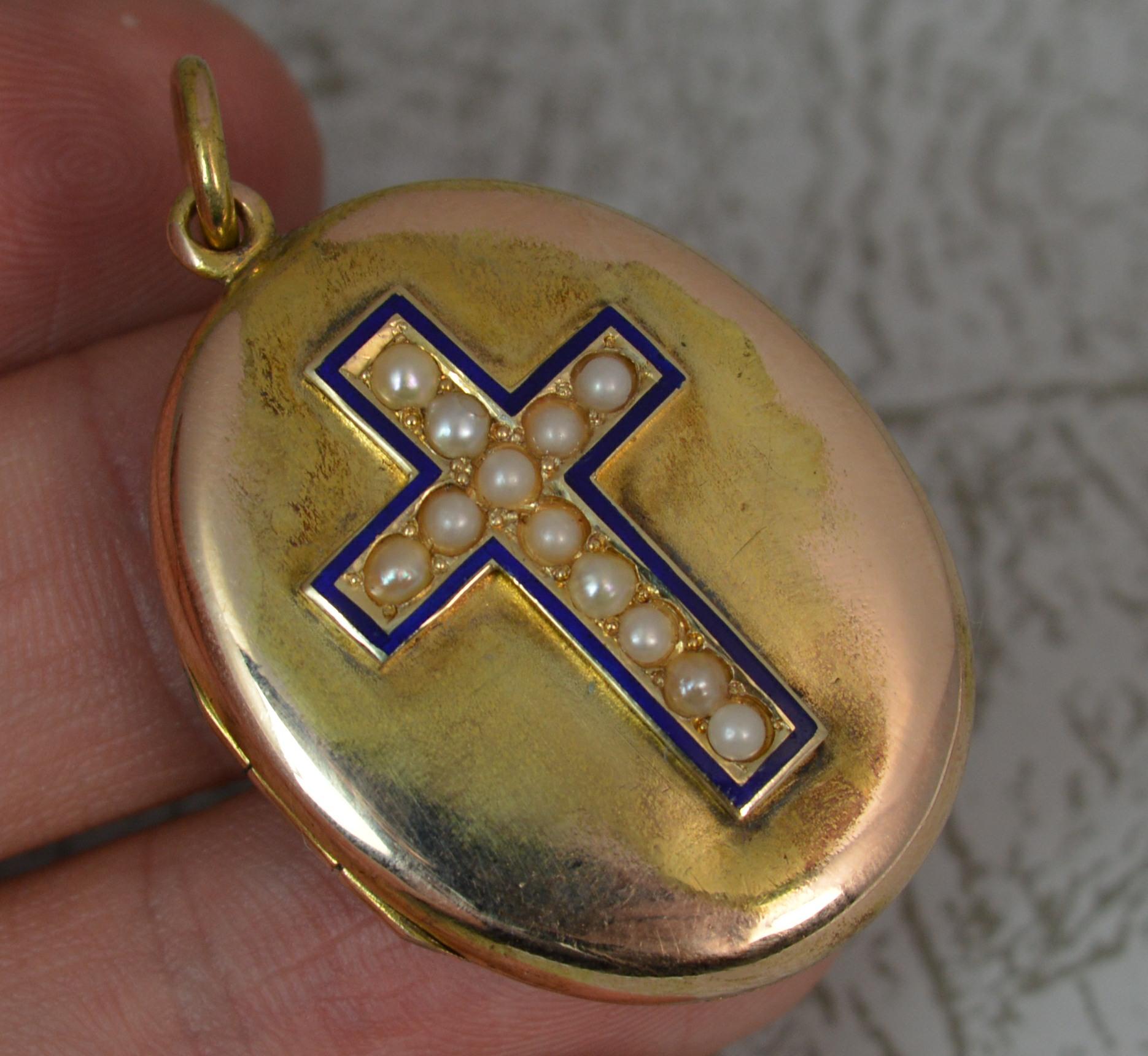 Victorian 15 Carat Gold Pearl and Enamel Cross Locket Pendant 6