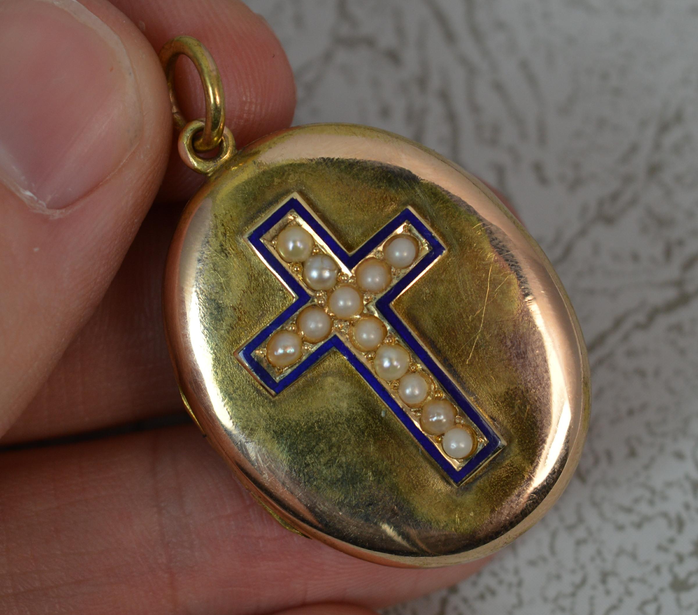 Victorian 15 Carat Gold Pearl and Enamel Cross Locket Pendant 5