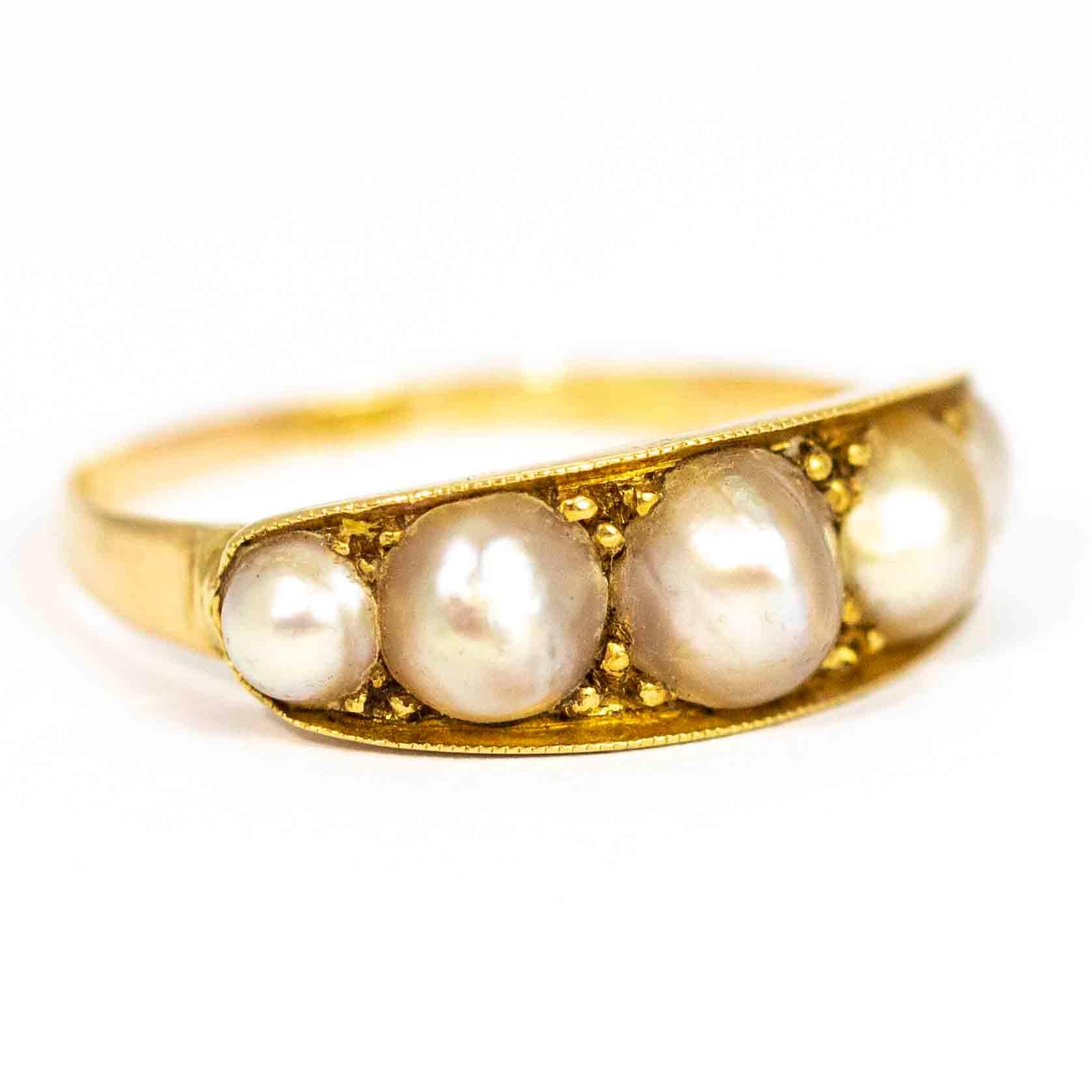 Victorian 15 Carat Gold Pearl Five-Stone Ring 2