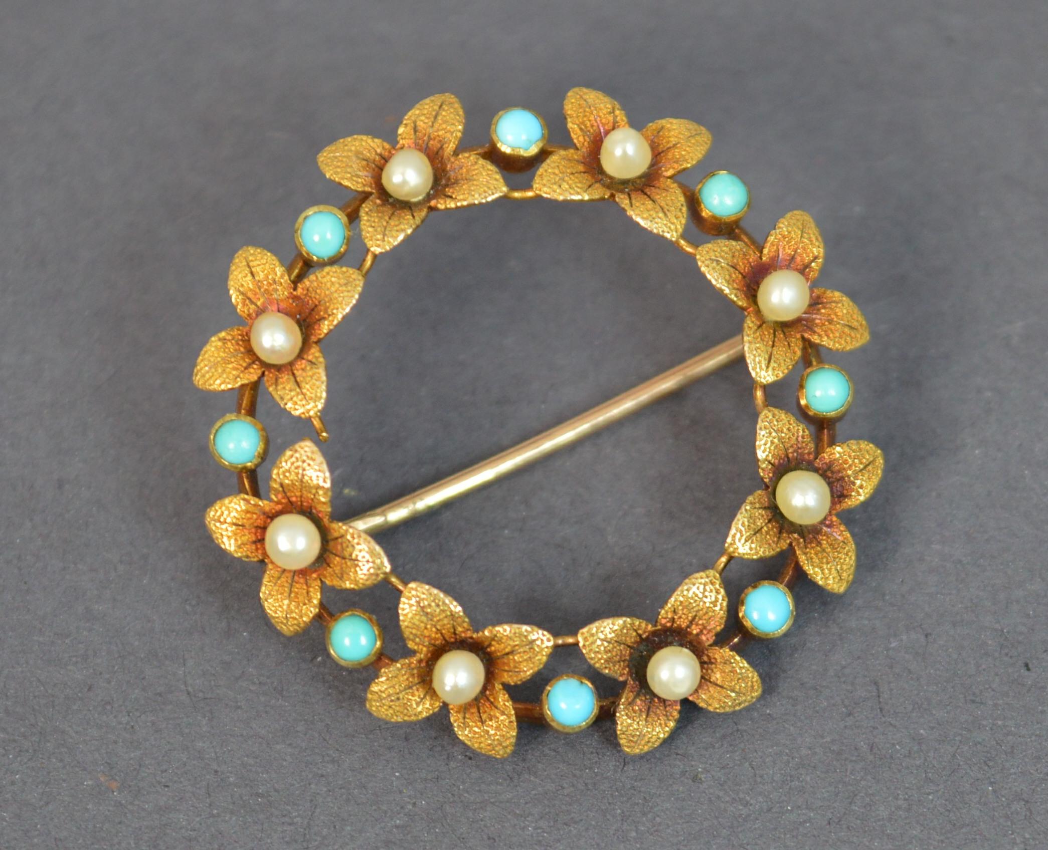 Victorian 15 Carat Gold Pearl Turquoise Flower Wreath Brooch 5