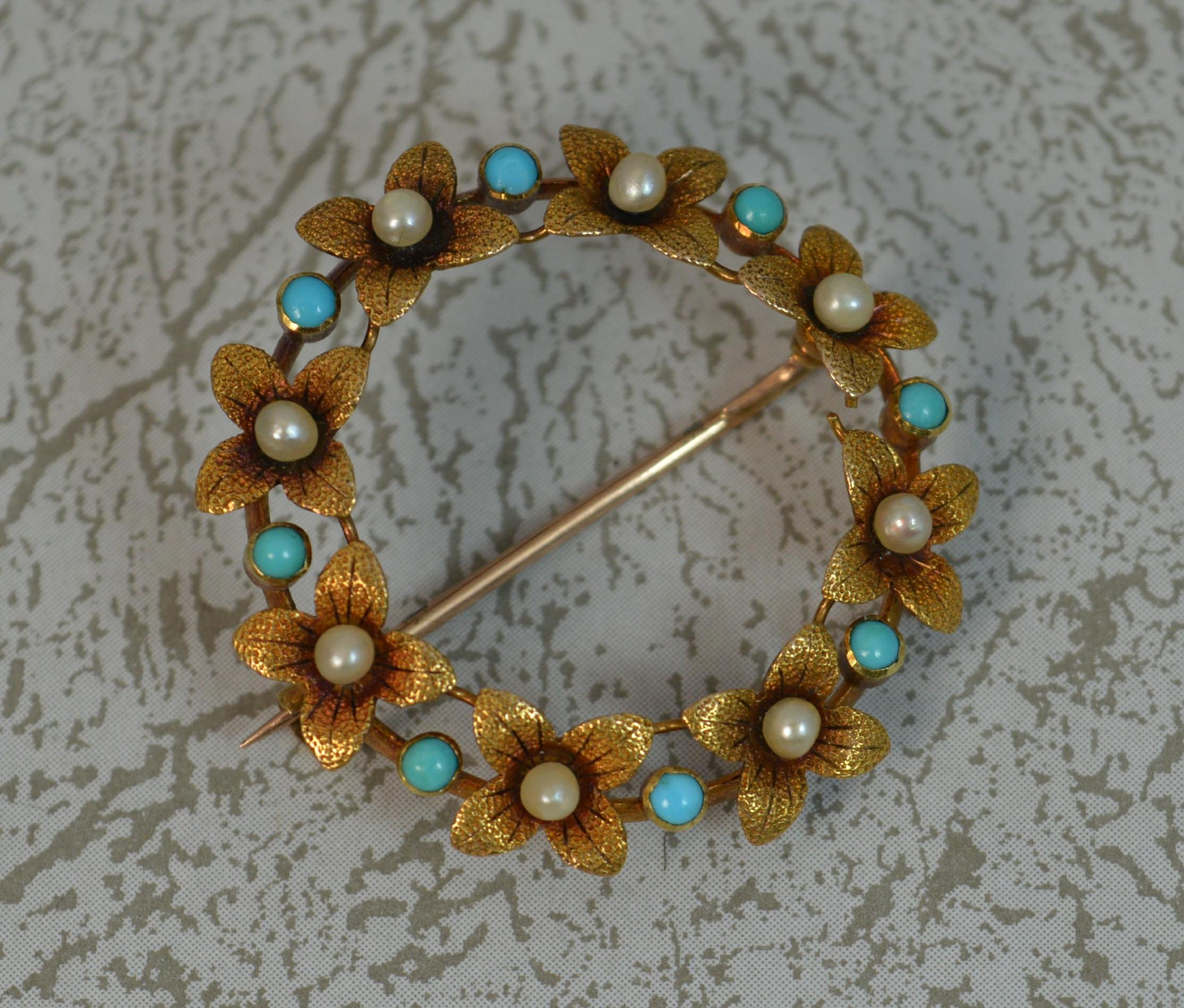 Edwardian Victorian 15 Carat Gold Pearl Turquoise Flower Wreath Brooch