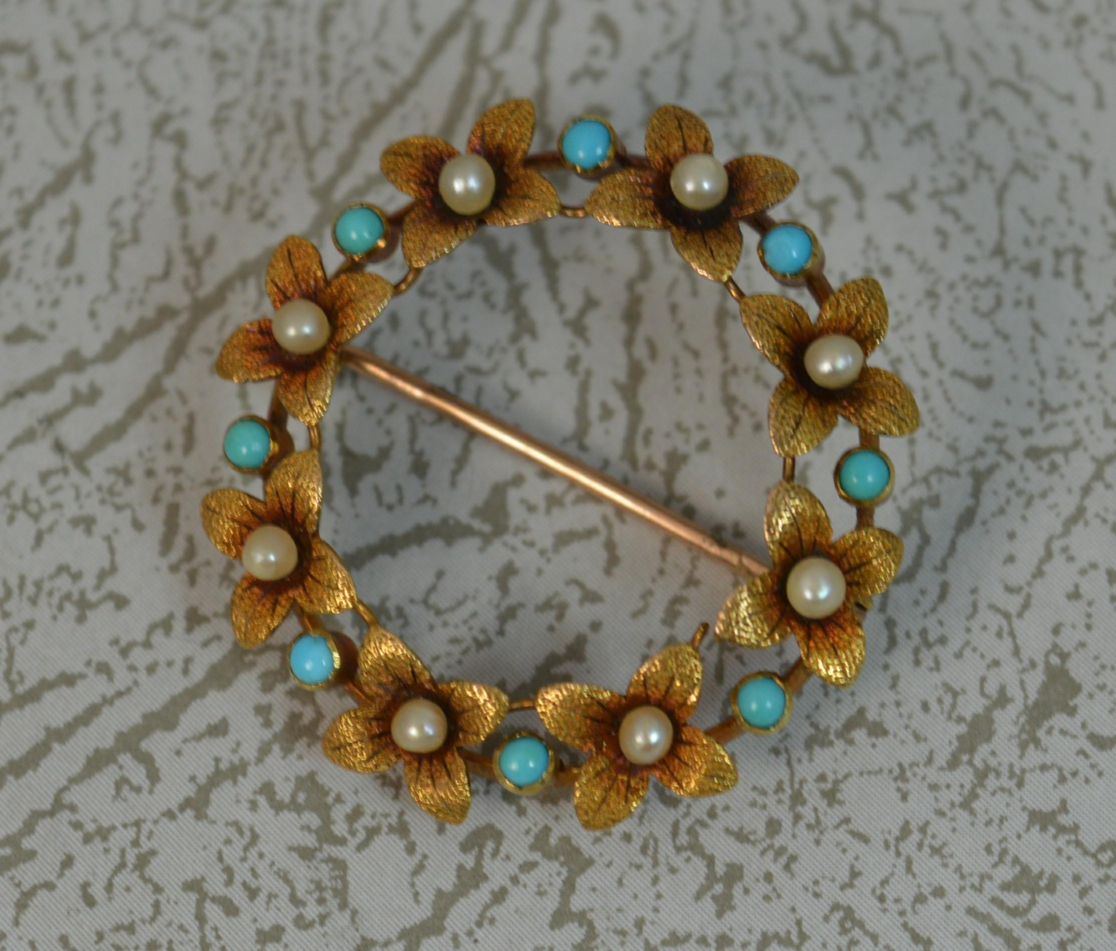 Victorian 15 Carat Gold Pearl Turquoise Flower Wreath Brooch In Excellent Condition In St Helens, GB