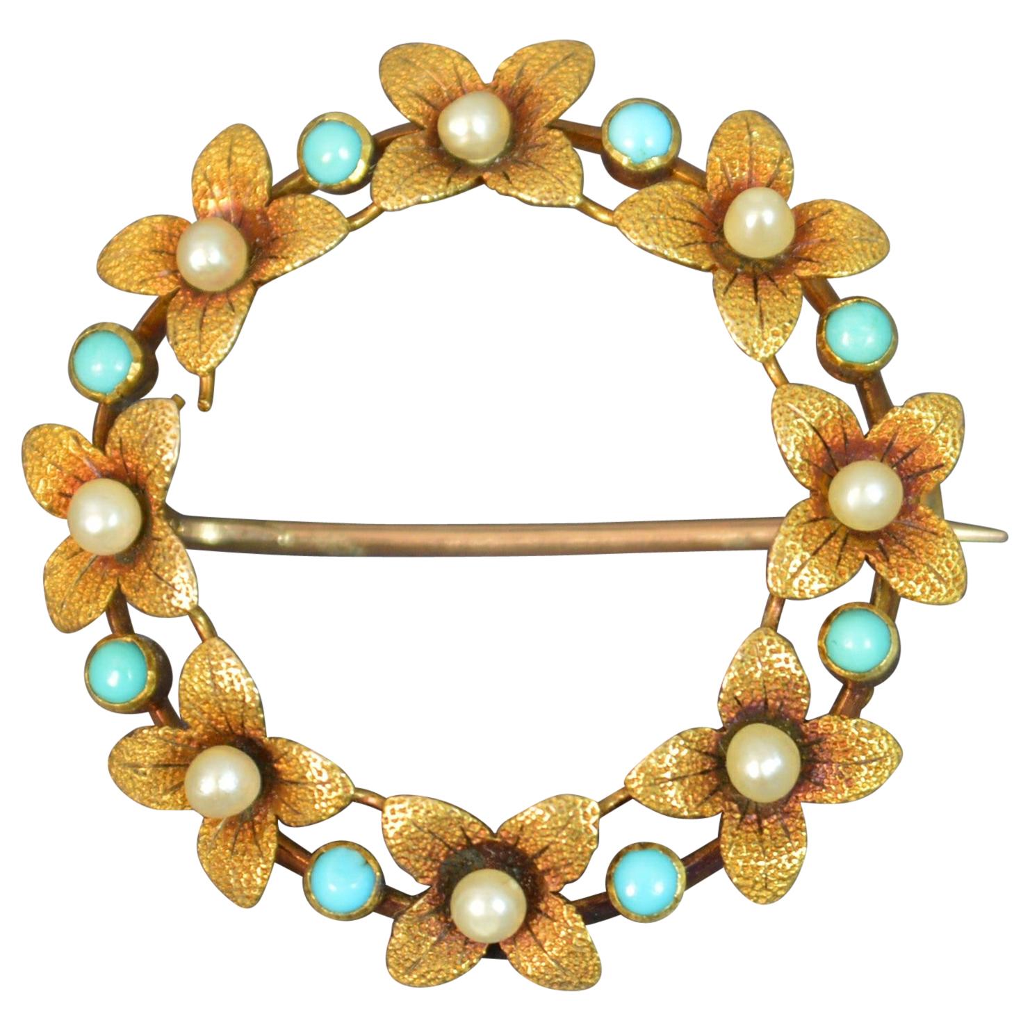 Victorian 15 Carat Gold Pearl Turquoise Flower Wreath Brooch