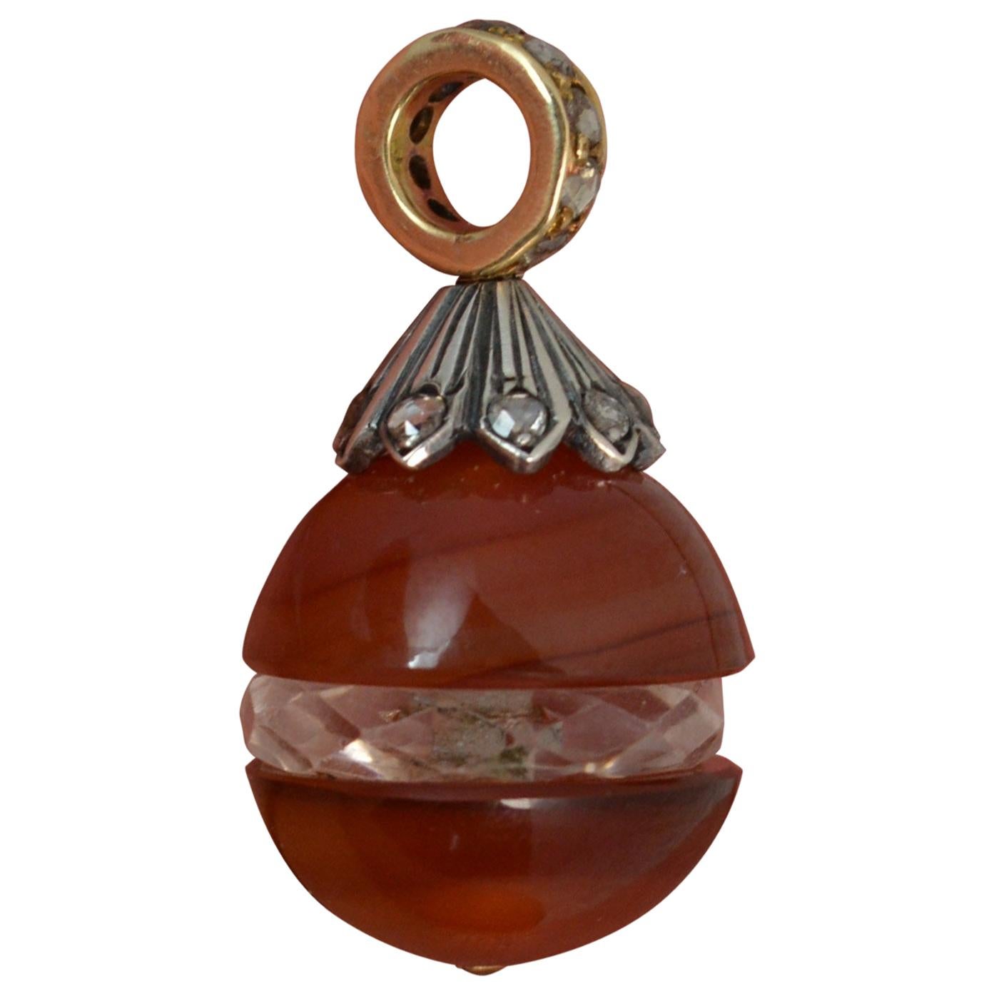 Victorian 15 Carat Gold Rose Cut Diamond Carnelian Rock Crystal Egg Pendant