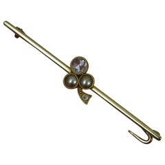 Victorian 15 Carat Gold Rose Cut Diamond Pearl Clover Bar Brooch