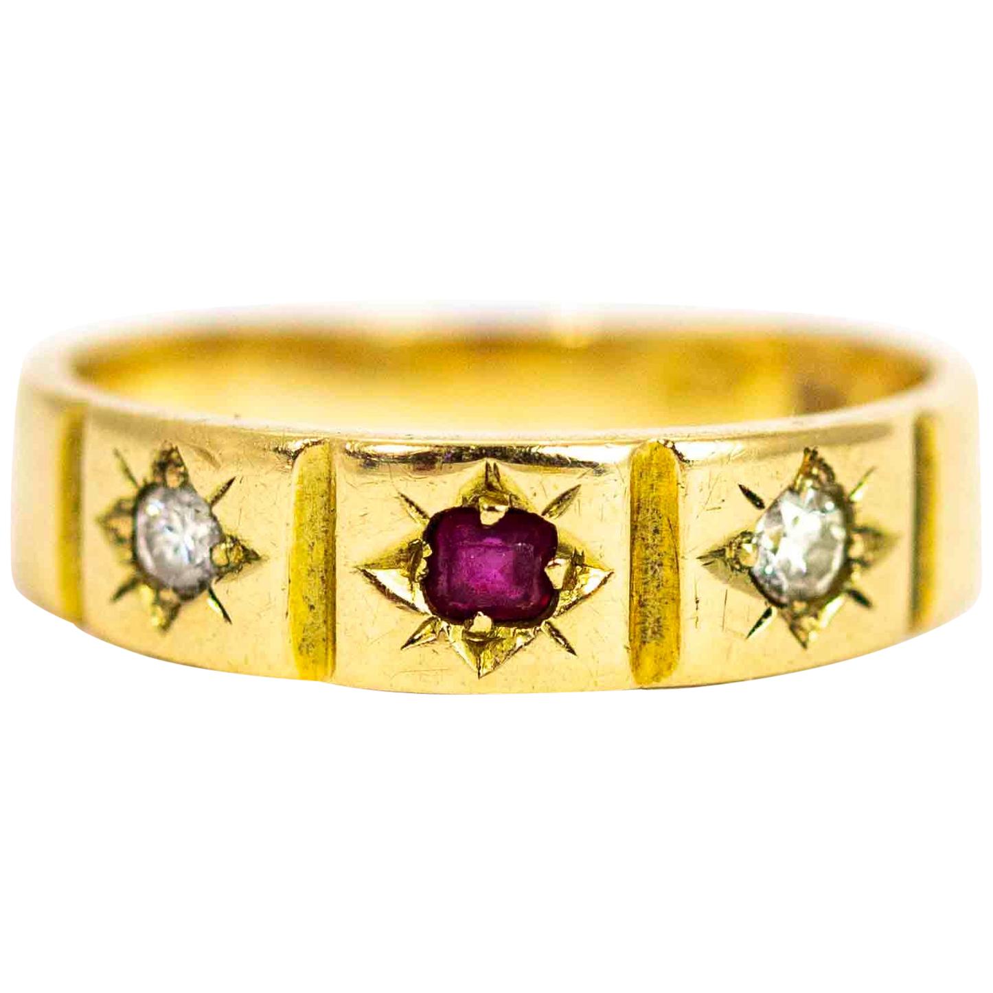 Victorian 15 Carat Gold Ruby and Diamond Three-Stone Ring