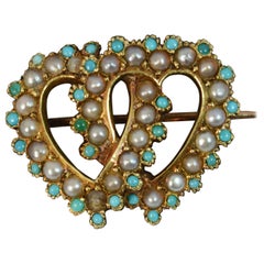 Victorian 15 Carat Gold Turquoise and Seed Pearl Two Hearts Brooch