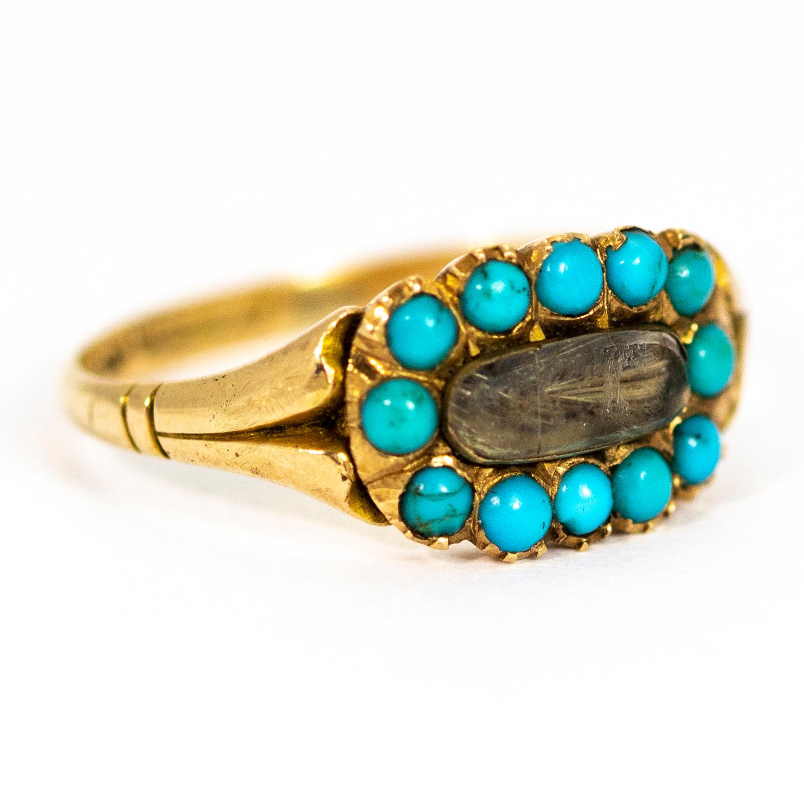 Women's or Men's Victorian 15 Carat Gold Turquoise Mourning Ring