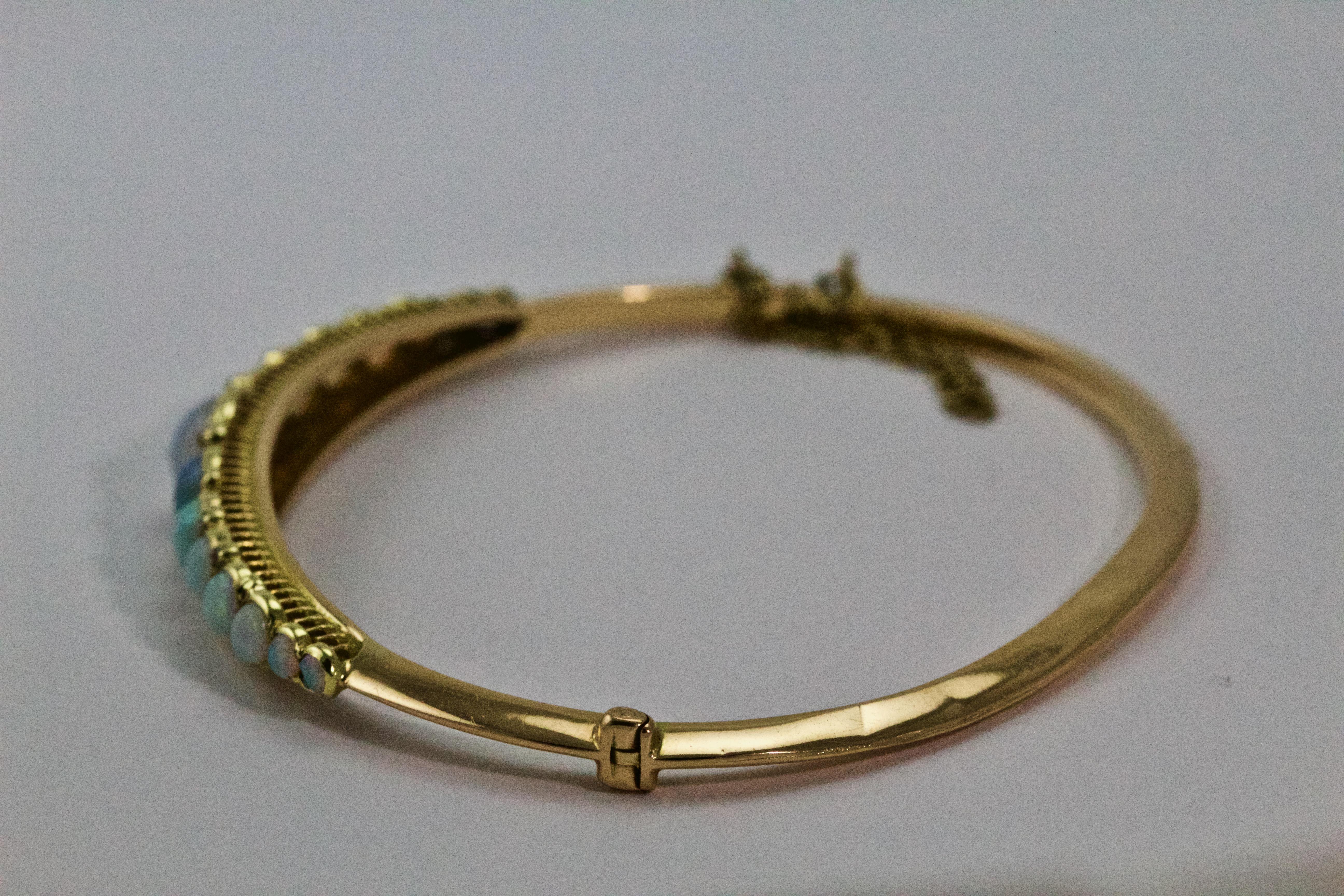 Victorian 15 Carat Opal and Diamond Bangle Bracelet In Excellent Condition In Chipping Campden, GB
