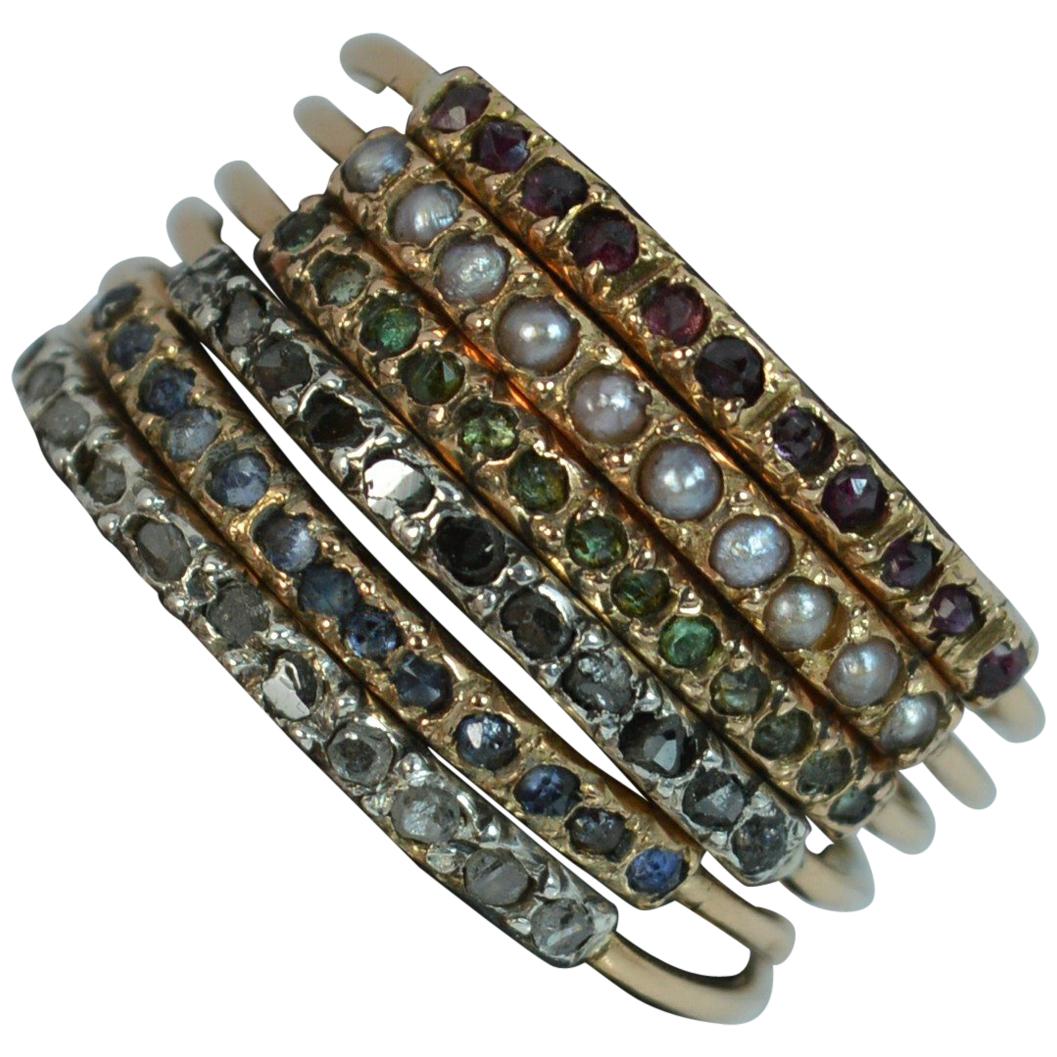 Victorian 15 Carat Rose Gold and Five-Row Diamond Pearl Stack Ring at ...