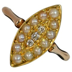 Victorian 15 Carat Rose Gold Diamond and Pearl Marquise Navette Cluster Ring
