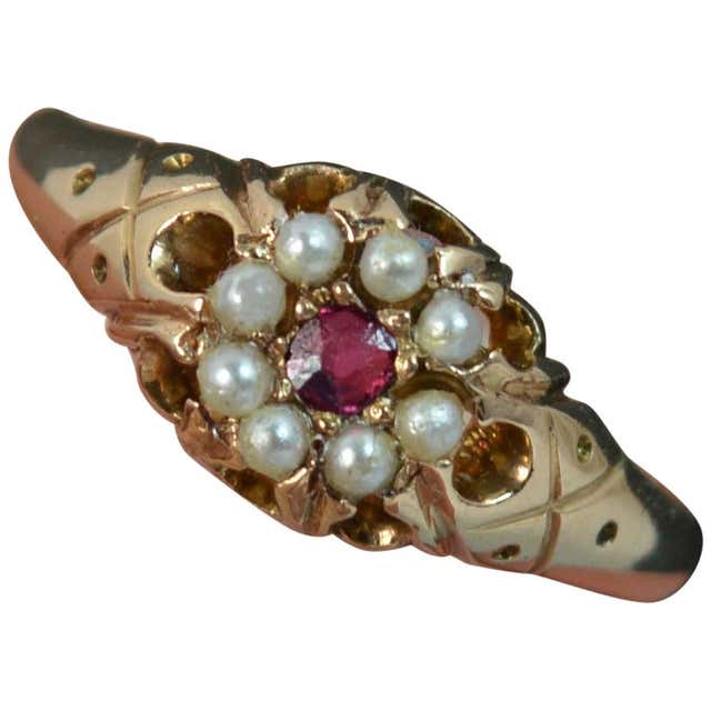 1887 Victorian 15 Carat Gold Enamel Pearl and Braided Hair Mourning Ring For Sale at 1stdibs