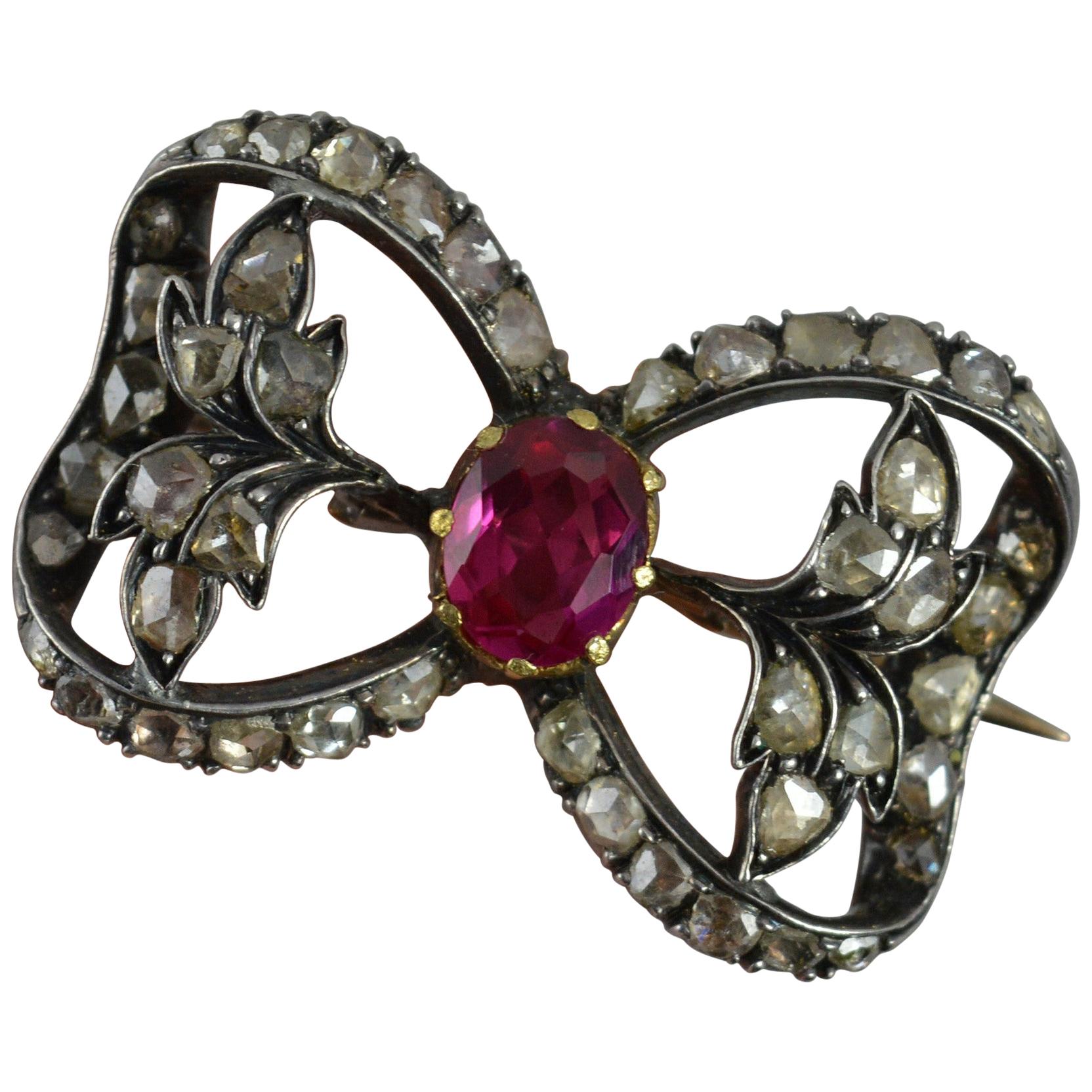 Victorian 15 Carat Rose Gold Ruby and Rose Cut Diamond Brooch