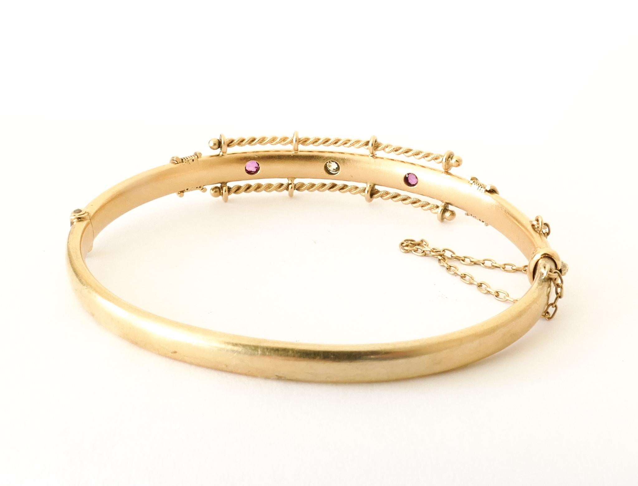 Mixed Cut Victorian 15 Carat Yellow Gold Hinged Ruby and Diamond Bangle For Sale