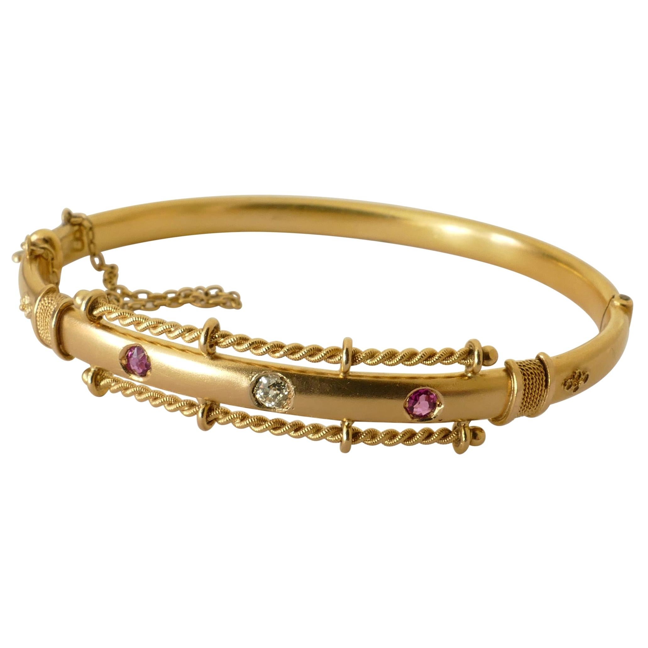 Victorian 15 Carat Yellow Gold Hinged Ruby and Diamond Bangle For Sale