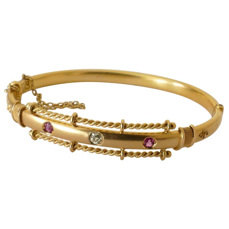 Victorian 15 Carat Yellow Gold Hinged Ruby and Diamond Bangle For Sale ...