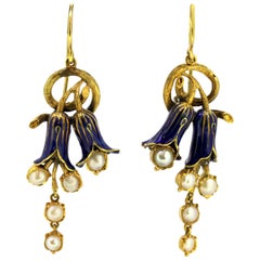 Victorian 15 Karat Gold and Enamel Ladies Earrings with Freshwater Pearls, 1880s