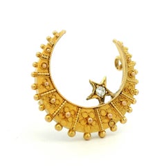 Victorian 15 Karat Gold Diamond Crescent Moon and Star Brooch