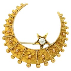 Victorian 15 Karat Gold Diamond Crescent Moon and Star Brooch