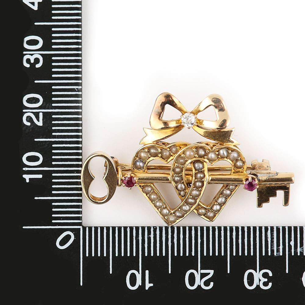 Victorian 15 Karat Gold Pearl Dual Sweet Heart, Ruby Key and Diamond Bow Brooch 5
