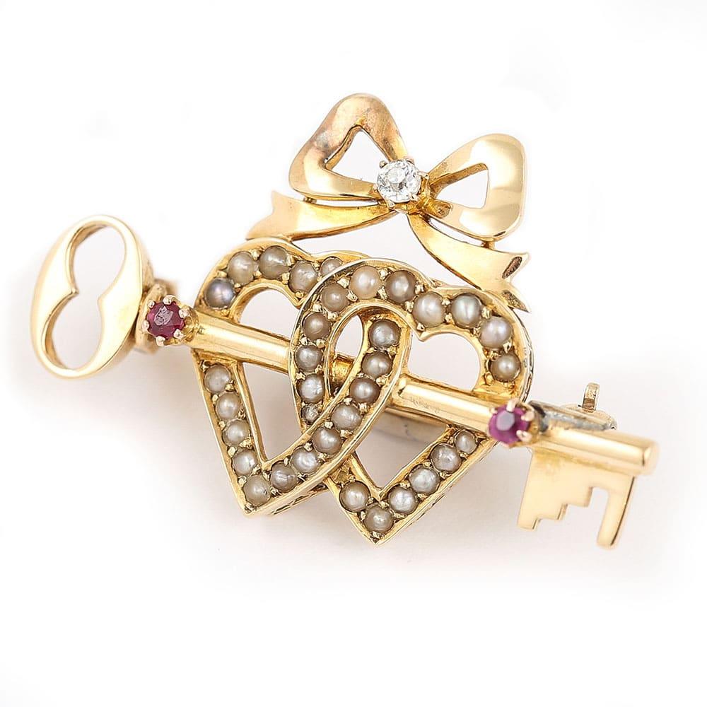 Old European Cut Victorian 15 Karat Gold Pearl Dual Sweet Heart, Ruby Key and Diamond Bow Brooch