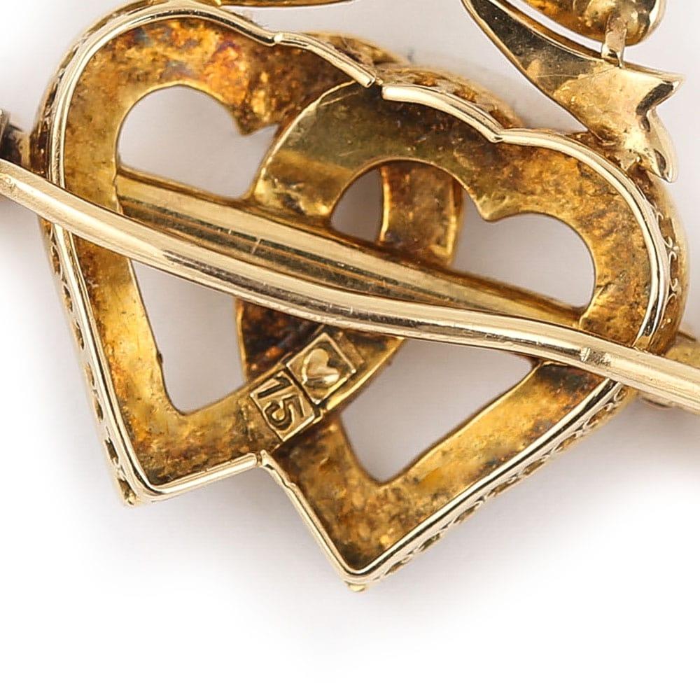 Women's or Men's Victorian 15 Karat Gold Pearl Dual Sweet Heart, Ruby Key and Diamond Bow Brooch